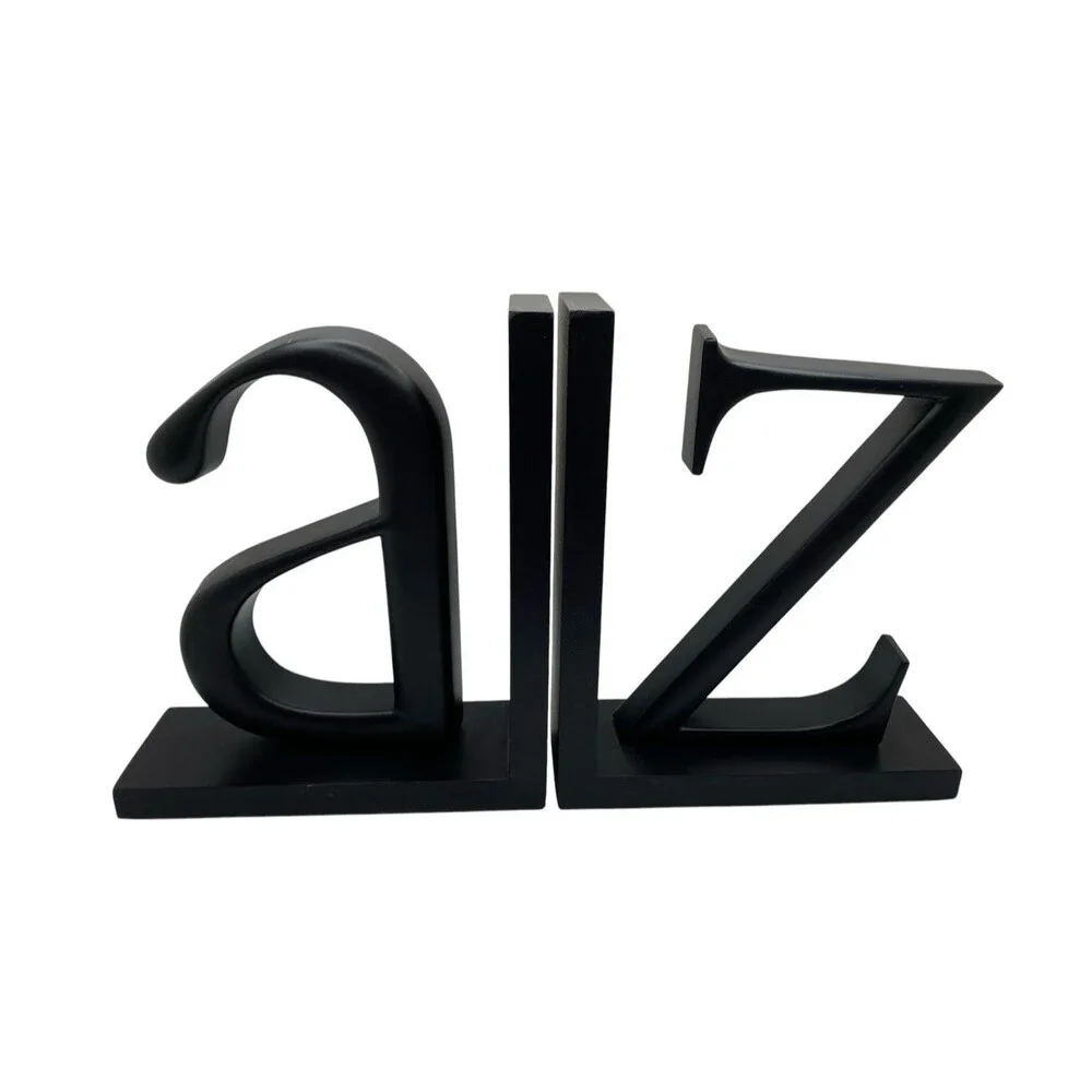 Pair Ikea Black A & Z Bookends Metal Letters on Wood 8” X 7” Library Book Ends